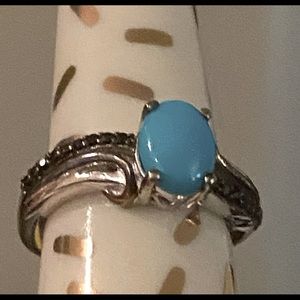 Sleeping beauty turquoise ring with black diamond accents. Size 6 1/2. 925